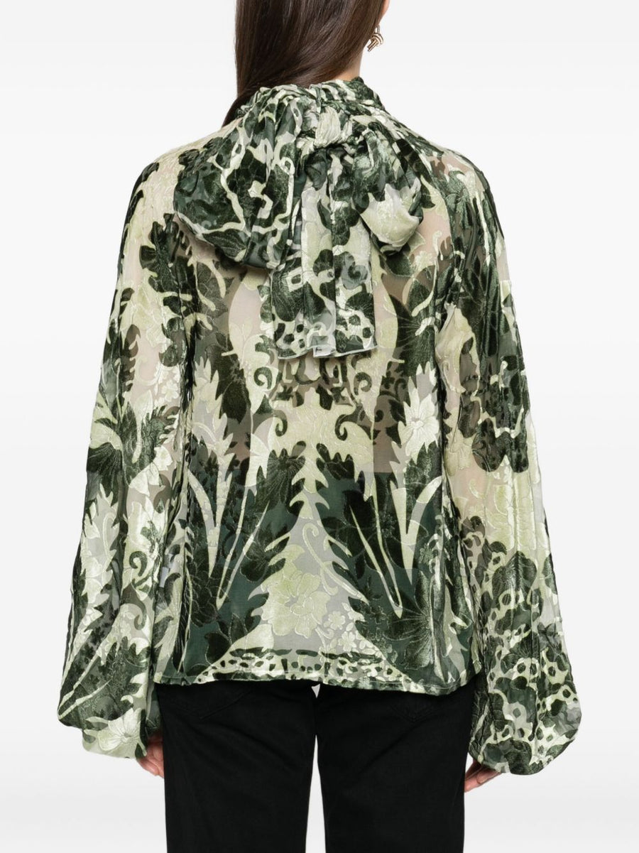 FRS Silk Blend Green Floral Blouse With Tie Neck And Balloon Sleeves For Women Fall Winter 2025