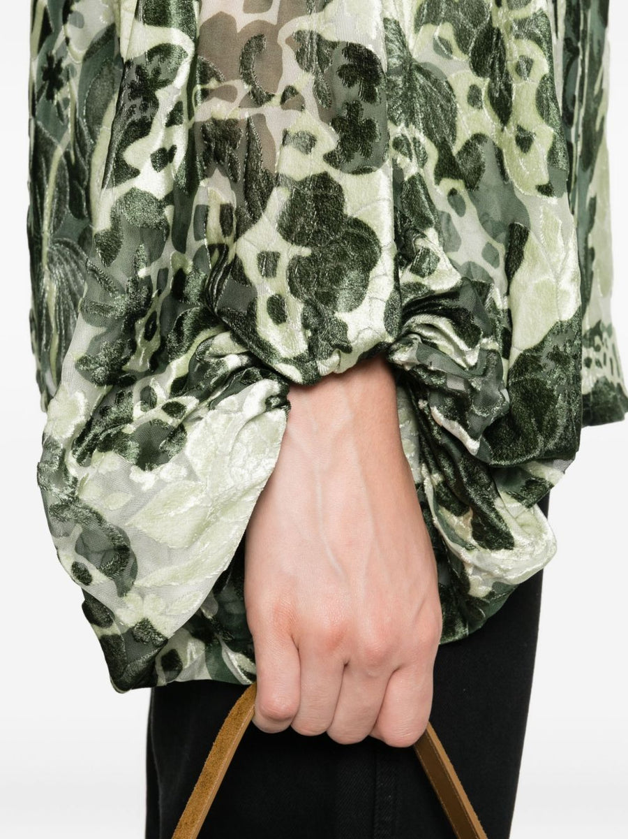 FRS Silk Blend Green Floral Blouse With Tie Neck And Balloon Sleeves For Women Fall Winter 2025