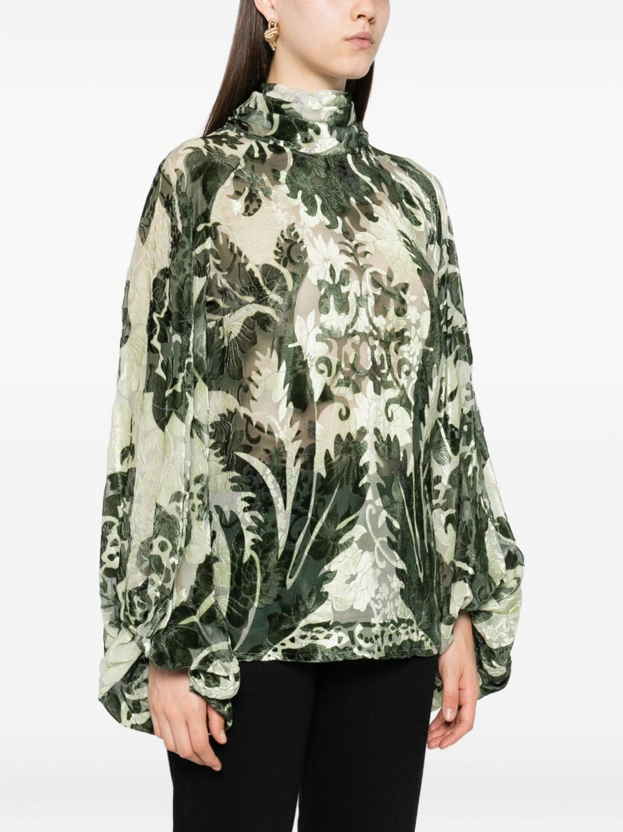 FRS Silk Blend Green Floral Blouse With Tie Neck And Balloon Sleeves For Women Fall Winter 2025