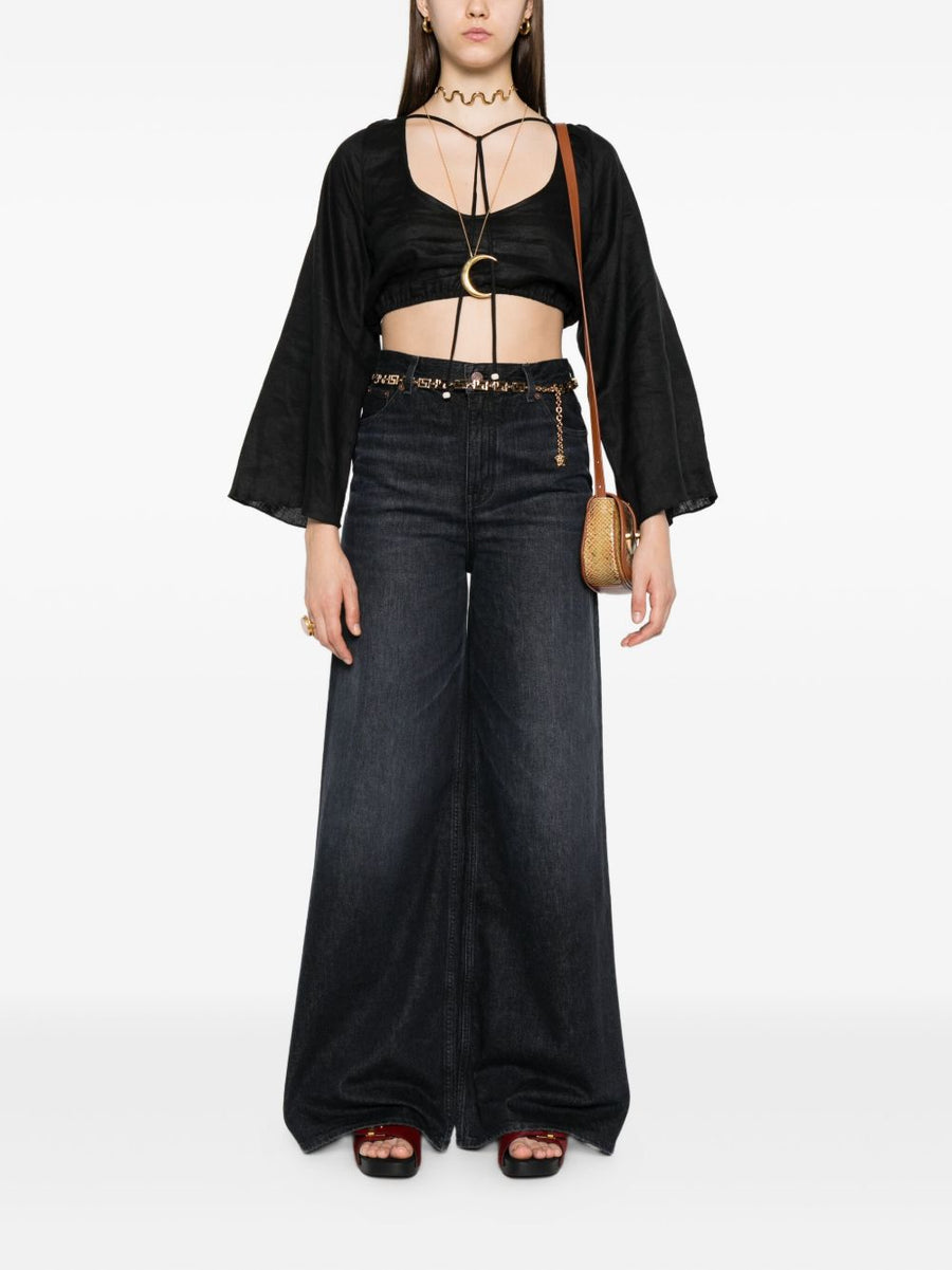 Chloé Wide Leg Jeans With High Rise And Calf Leather Trim For Luxury Women Premium Denim For Everyday Style