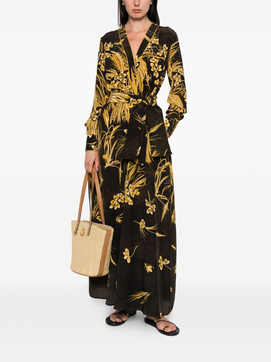 FRS Silk Blend Printed Maxi Dress With V Neck Long Sleeves In Brown Floral Print For Women Versatile Daywear