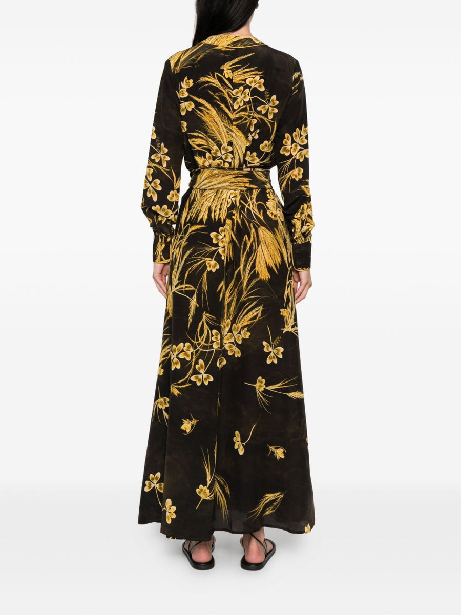 FRS Silk Blend Printed Maxi Dress With V Neck Long Sleeves In Brown Floral Print For Women Versatile Daywear