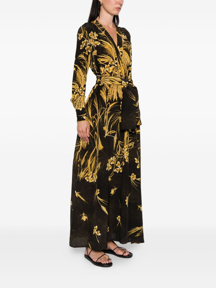 FRS Silk Blend Printed Maxi Dress With V Neck Long Sleeves In Brown Floral Print For Women Versatile Daywear