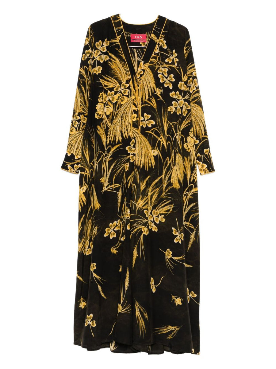 FRS Silk Blend Printed Maxi Dress With V Neck Long Sleeves In Brown Floral Print For Women Versatile Daywear