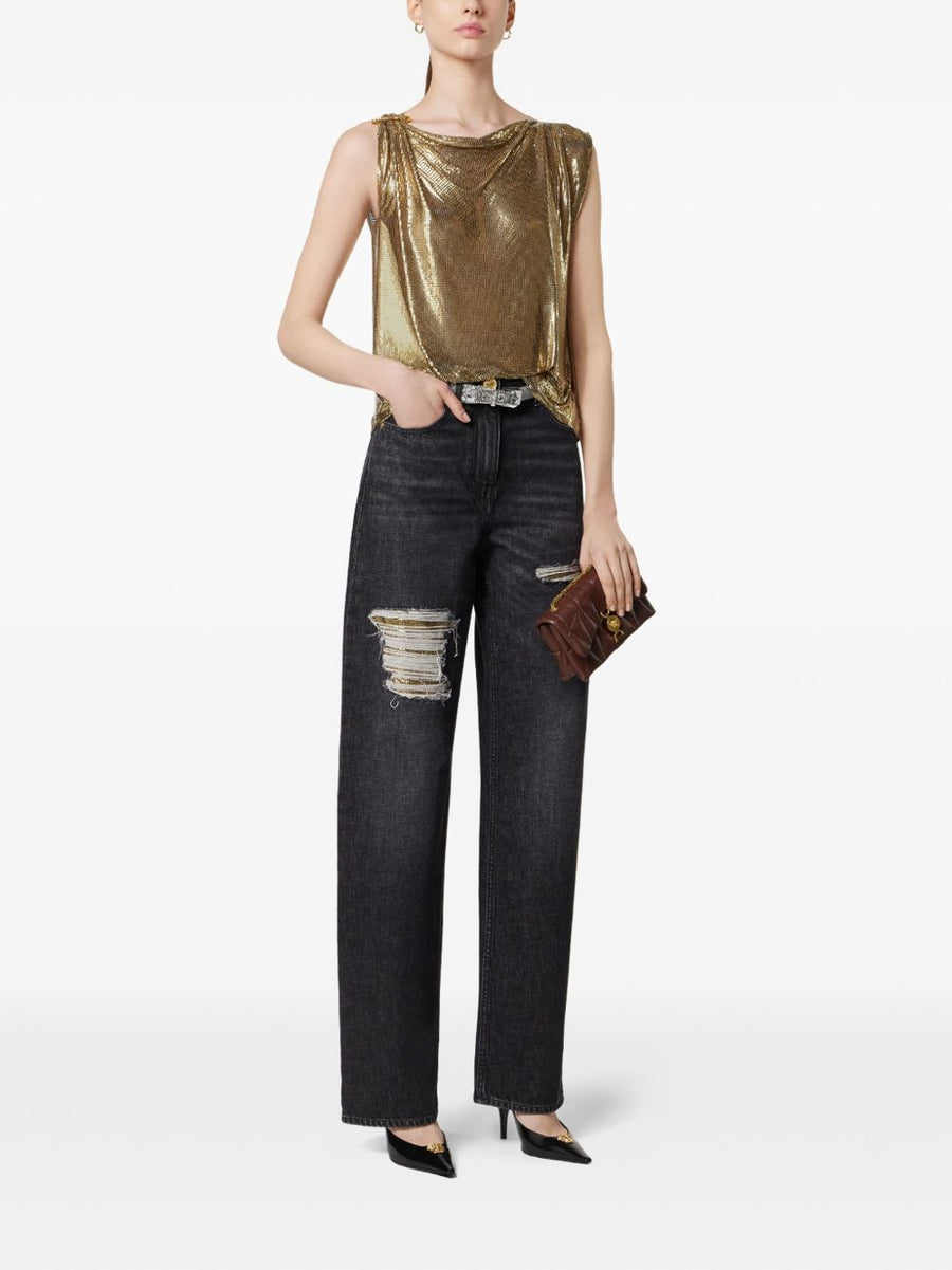Versace Metal Mesh Regular Fit Jeans for Women with High Rise and Distressed Gold Hardware