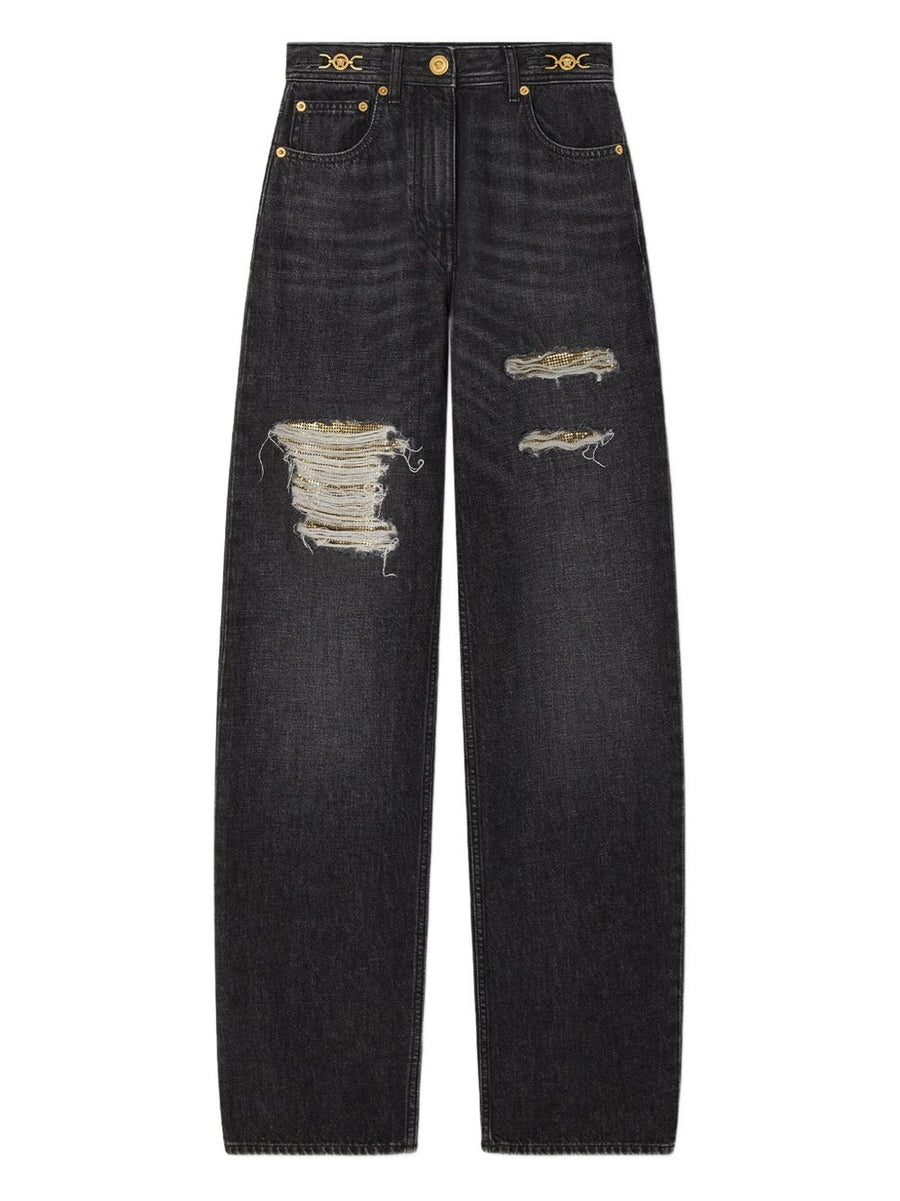 Versace Metal Mesh Regular Fit Jeans for Women with High Rise and Distressed Gold Hardware