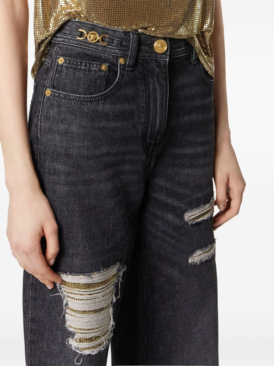 Versace Metal Mesh Regular Fit Jeans for Women with High Rise and Distressed Gold Hardware
