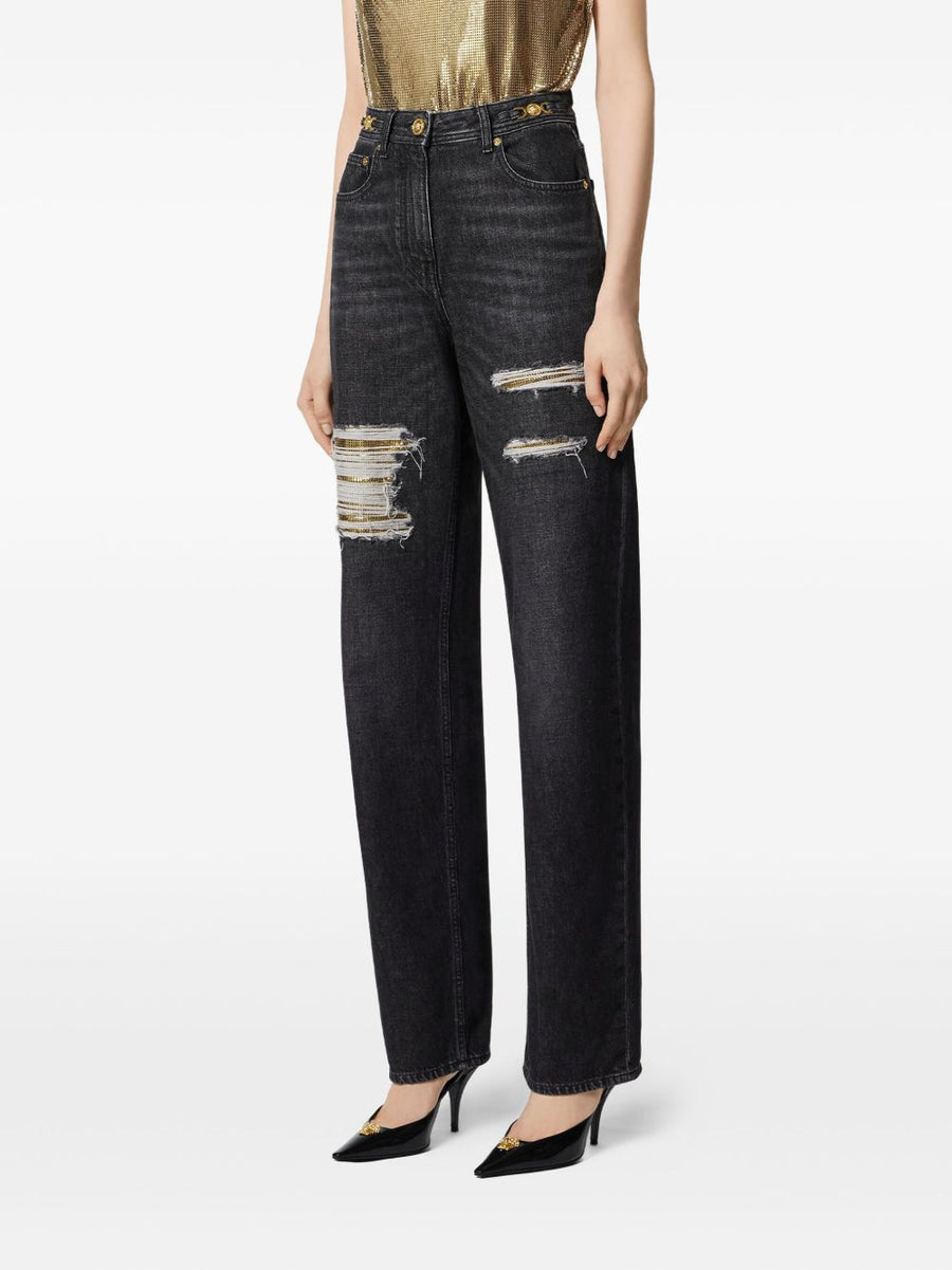 Versace Metal Mesh Regular Fit Jeans for Women with High Rise and Distressed Gold Hardware
