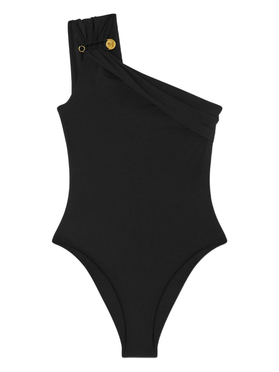 Versace Safety Pin Swimsuit for Women Black One Shoulder High Cut Luxury Resort Wear with Medusa Detail