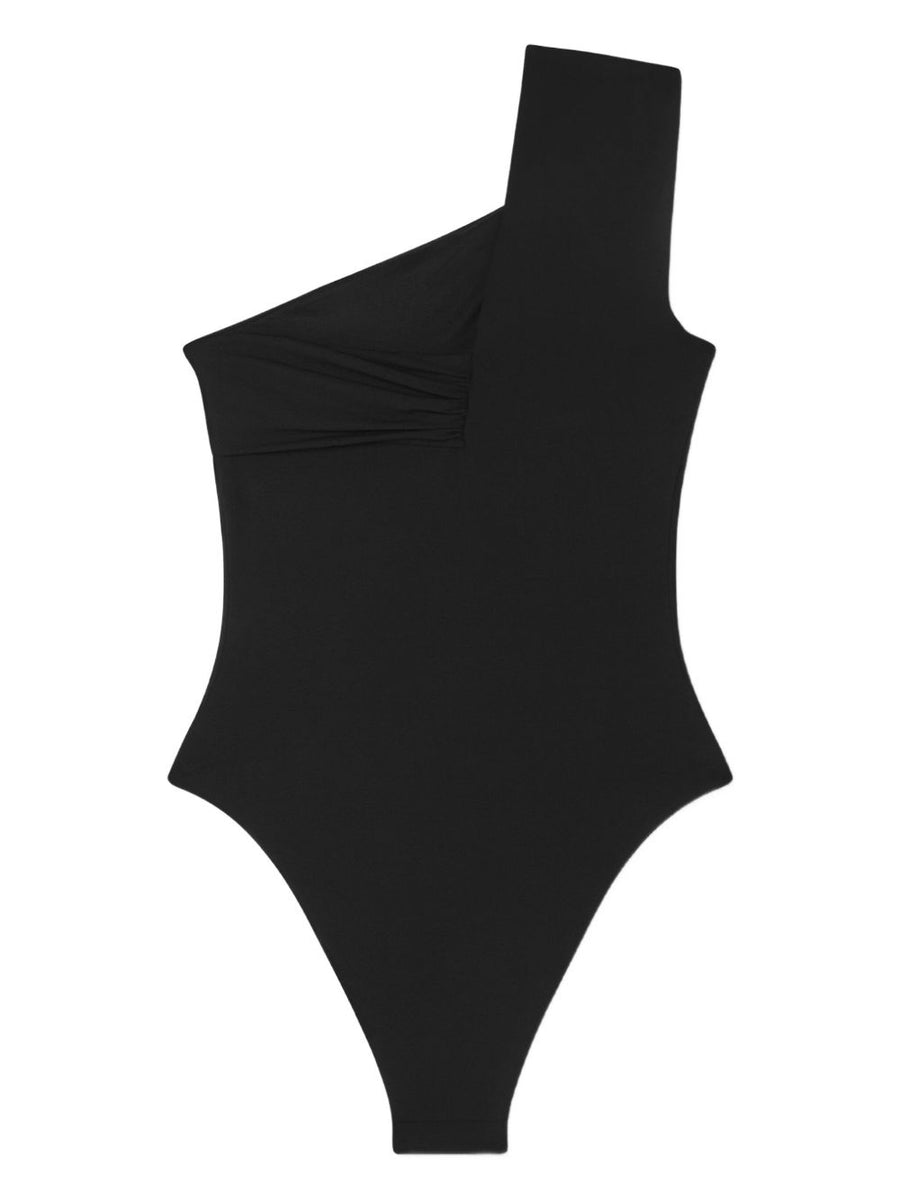 Versace Safety Pin Swimsuit for Women Black One Shoulder High Cut Luxury Resort Wear with Medusa Detail