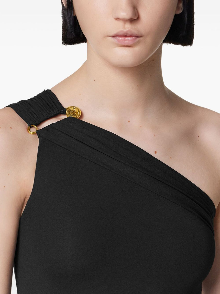 Versace Safety Pin Swimsuit for Women Black One Shoulder High Cut Luxury Resort Wear with Medusa Detail