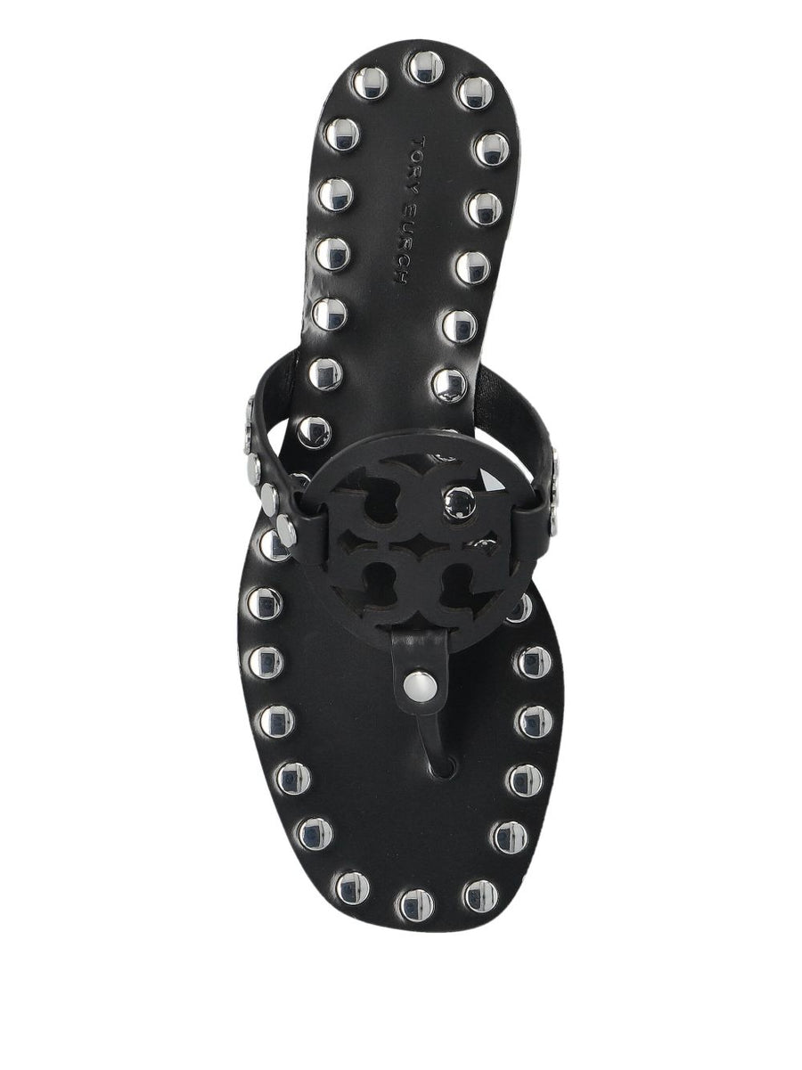 Tory Burch Studded Miller Flat Sandals for Women Calf Leather Open Toe Black Embellished