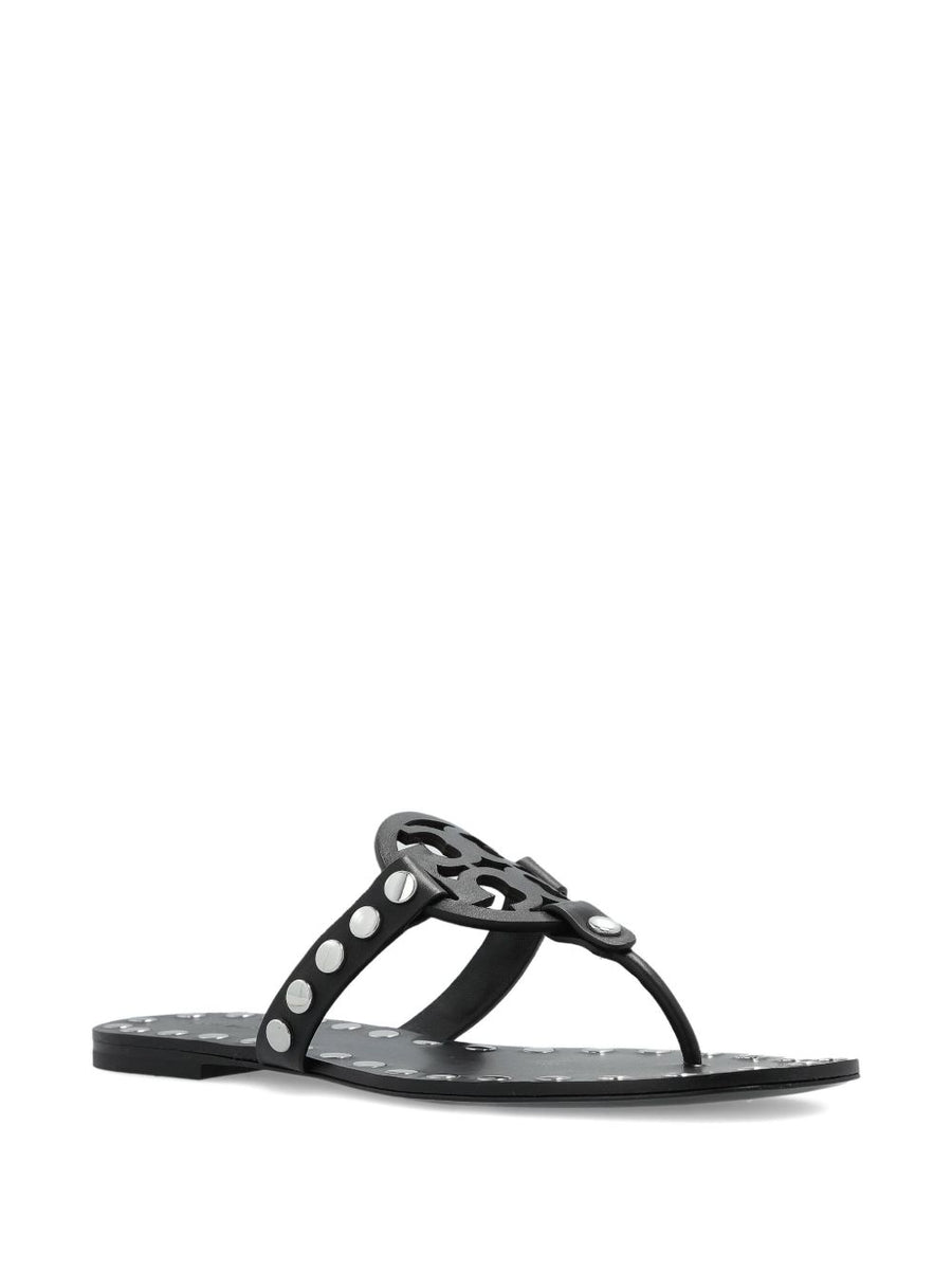 Tory Burch Studded Miller Flat Sandals for Women Calf Leather Open Toe Black Embellished