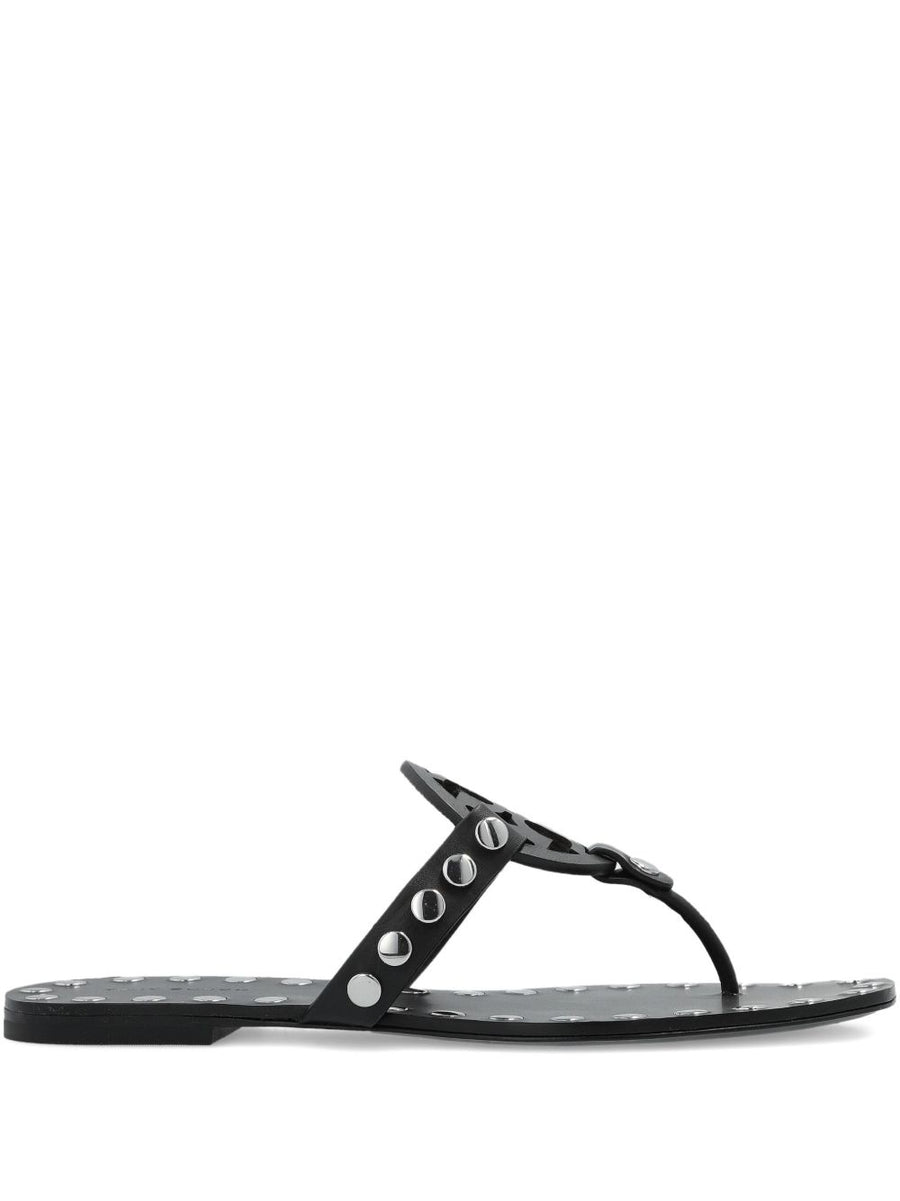 Tory Burch Studded Miller Flat Sandals for Women Calf Leather Open Toe Black Embellished