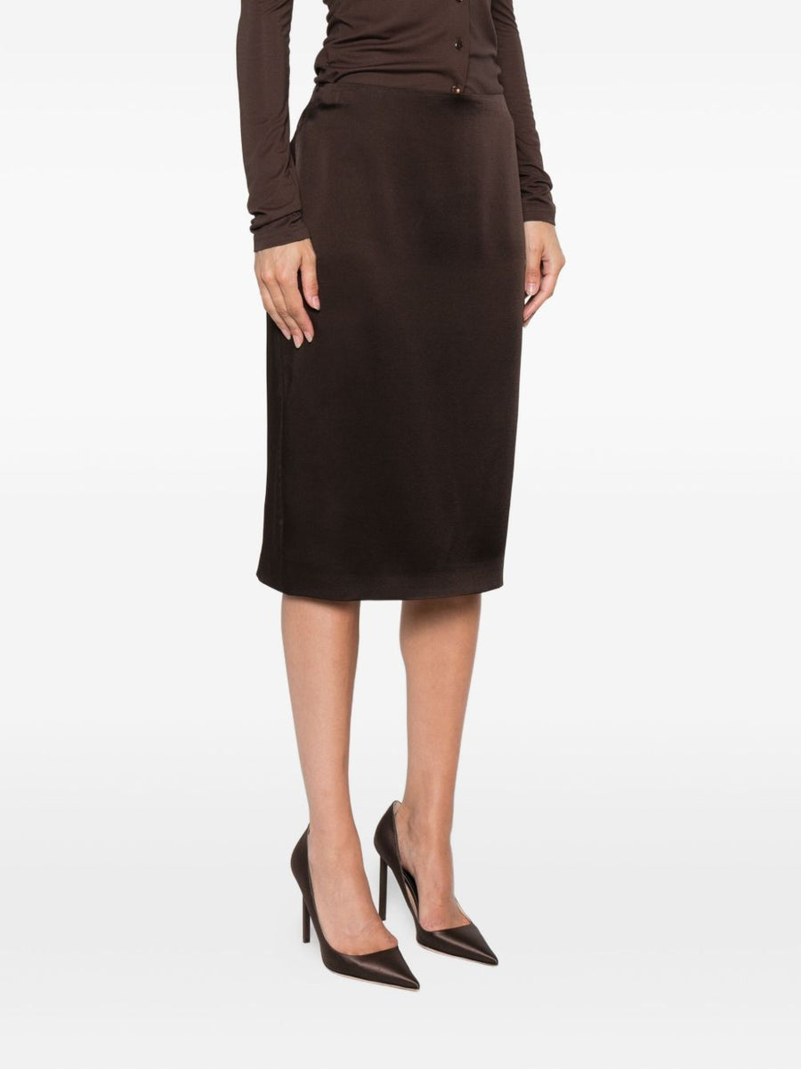 Tom Ford Satin Midi Skirt For Women Luxury Dark Brown Satin Pencil Back Zip Timeless Versatile Office To Evening