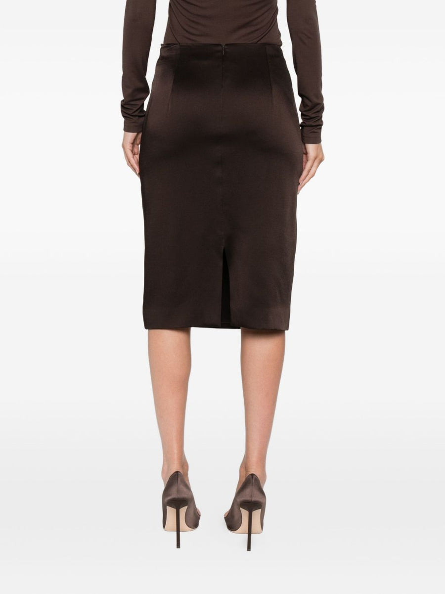 Tom Ford Satin Midi Skirt For Women Luxury Dark Brown Satin Pencil Back Zip Timeless Versatile Office To Evening