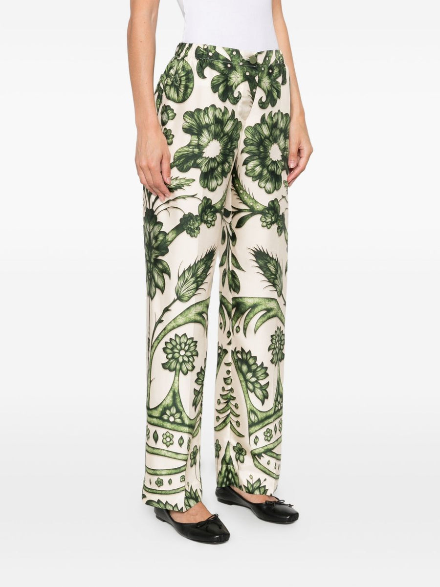 F.R.S Printed Silk Trousers For Women With Green Floral Print High Waist Wide Leg Luxury Silk