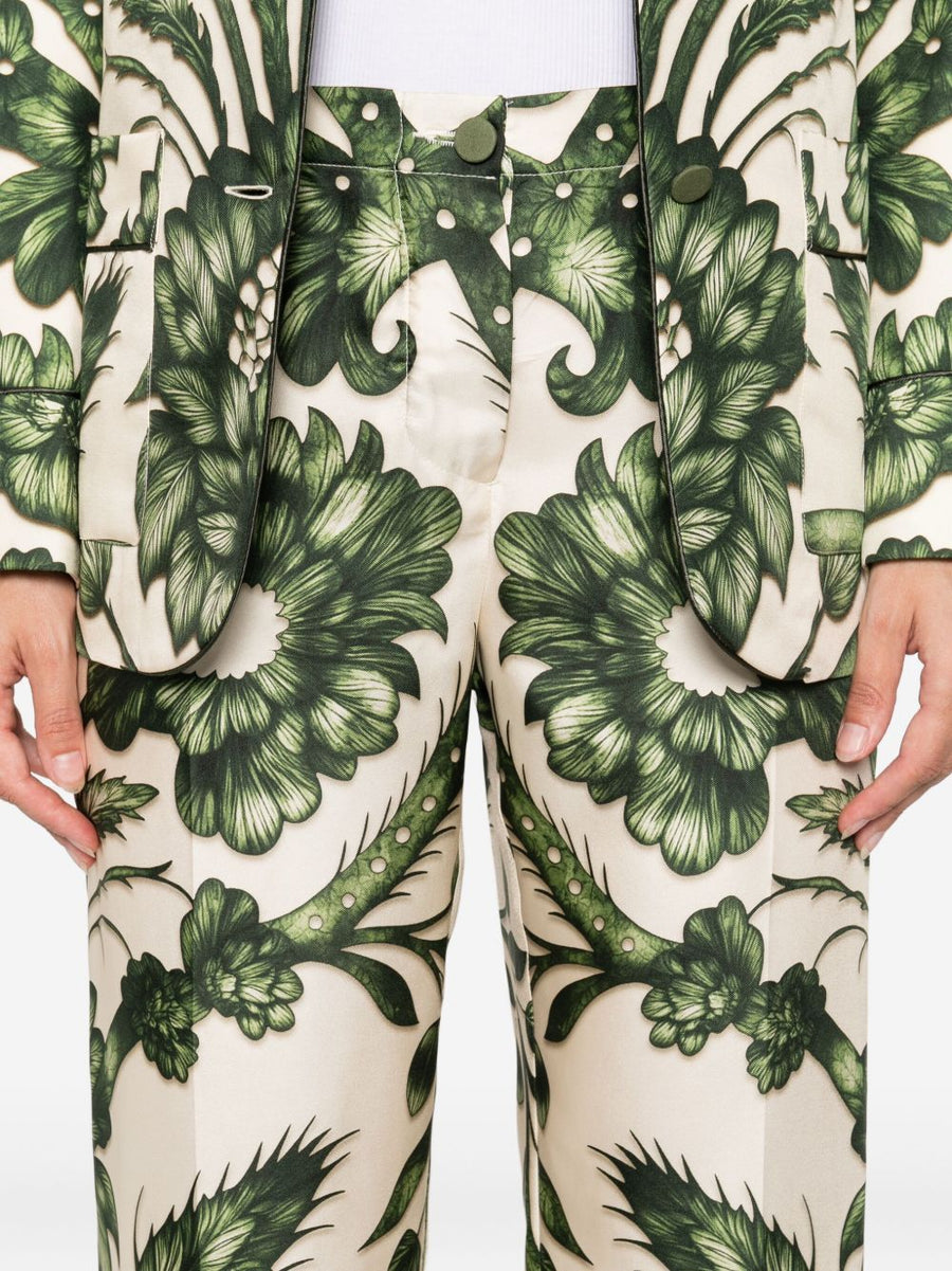 F.R.S Printed Silk Trousers For Women With Green Floral Print High Waist Wide Leg Luxury Silk