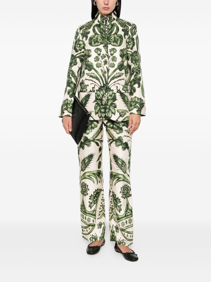 F.R.S Printed Silk Trousers For Women With Green Floral Print High Waist Wide Leg Luxury Silk