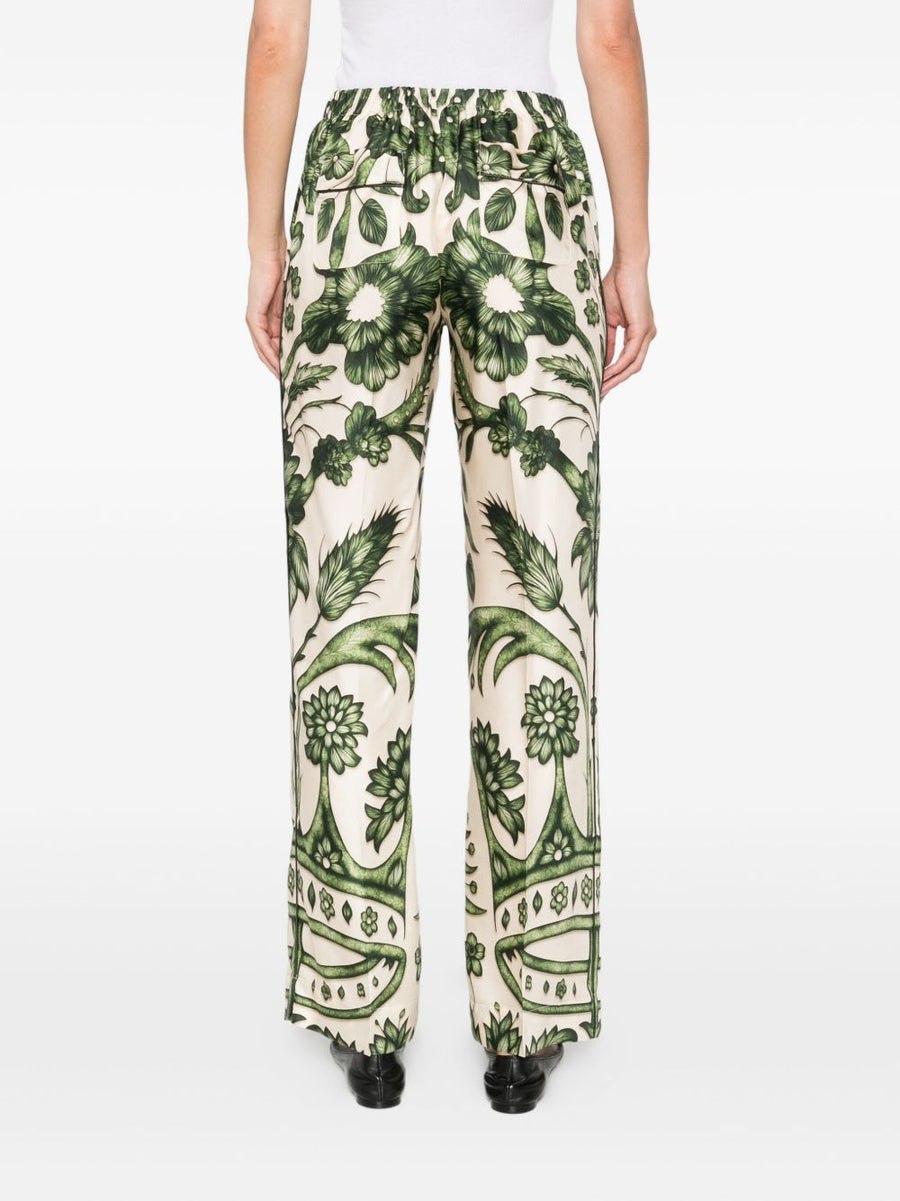 F.R.S Printed Silk Trousers For Women With Green Floral Print High Waist Wide Leg Luxury Silk