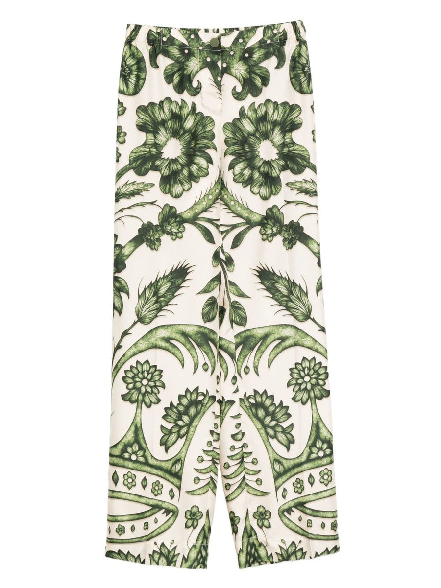 F.R.S Printed Silk Trousers For Women With Green Floral Print High Waist Wide Leg Luxury Silk