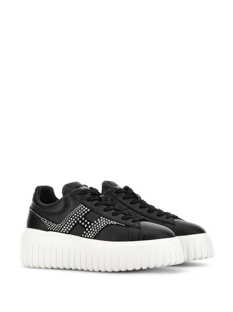 Hogan H Stripes Leather Sneakers for Women Urban Premium Black Leather Front Lace Up Flatform Sole