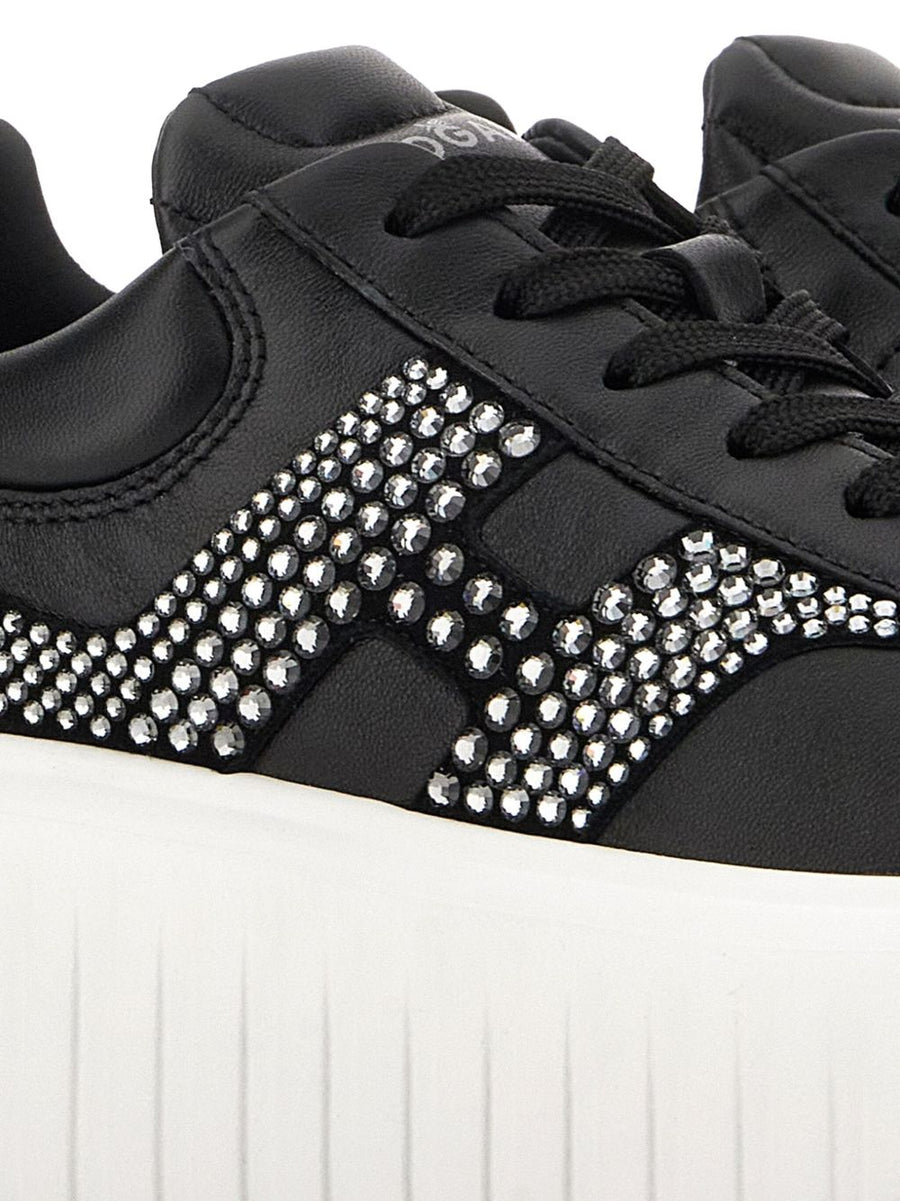 Hogan H Stripes Leather Sneakers for Women Urban Premium Black Leather Front Lace Up Flatform Sole