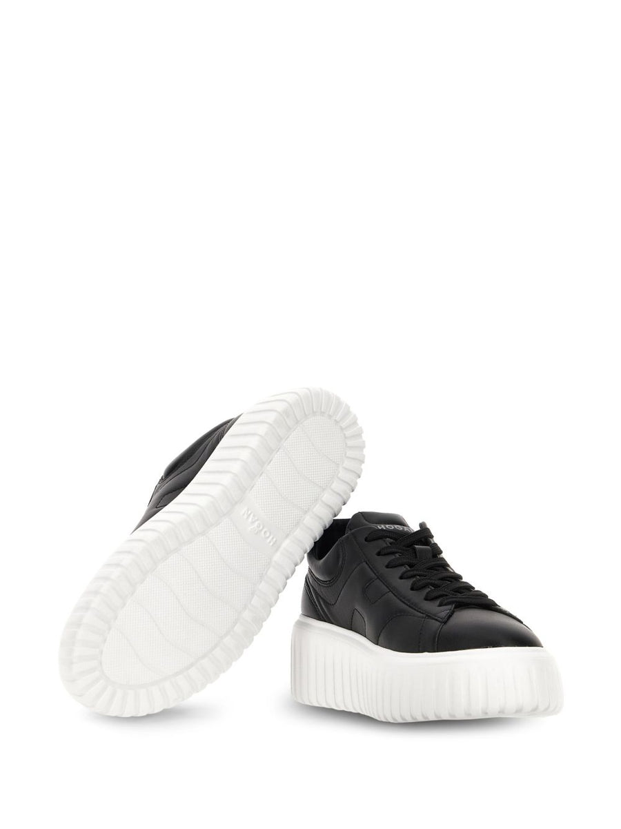 Hogan H Stripes Leather Sneakers for Women Urban Premium Black Leather Front Lace Up Flatform Sole