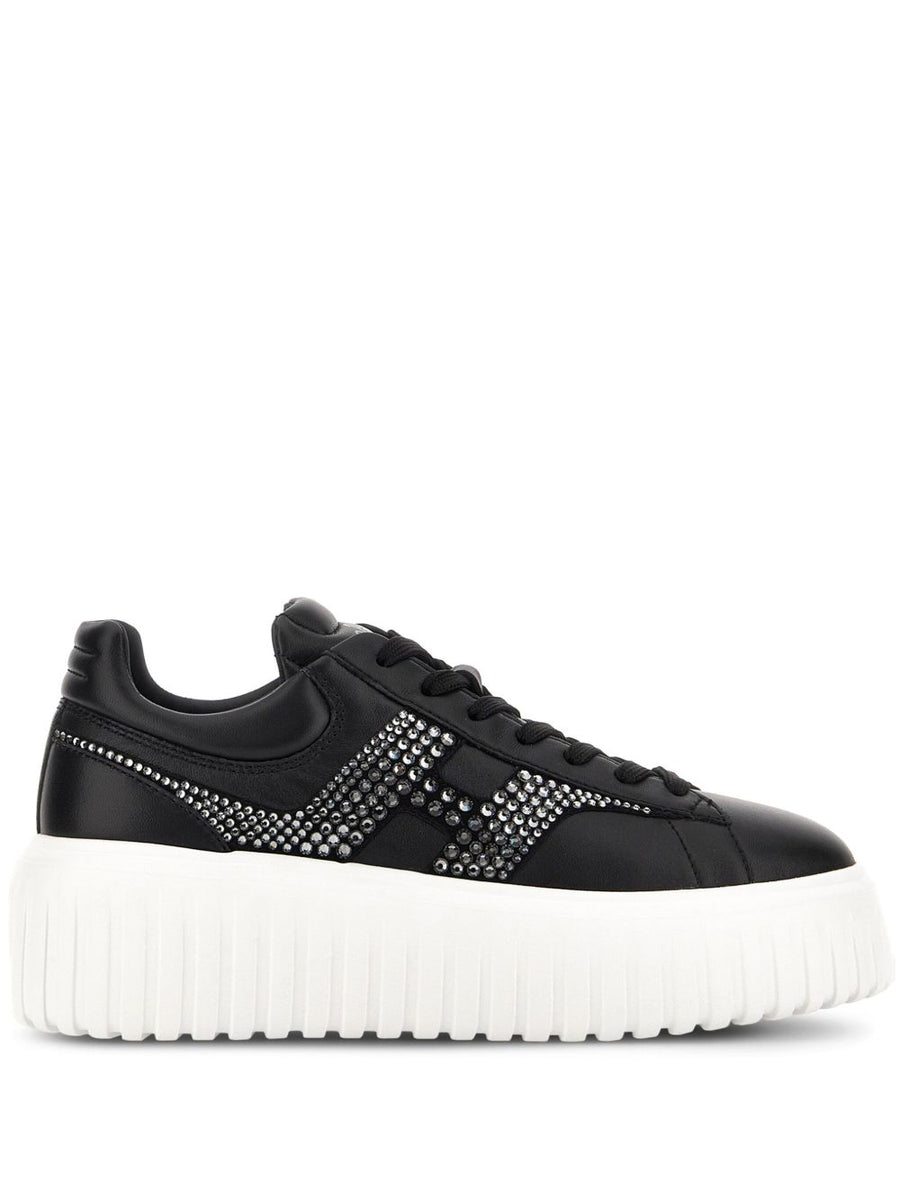 Hogan H Stripes Leather Sneakers for Women Urban Premium Black Leather Front Lace Up Flatform Sole