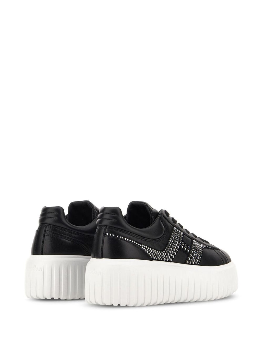 Hogan H Stripes Leather Sneakers for Women Urban Premium Black Leather Front Lace Up Flatform Sole
