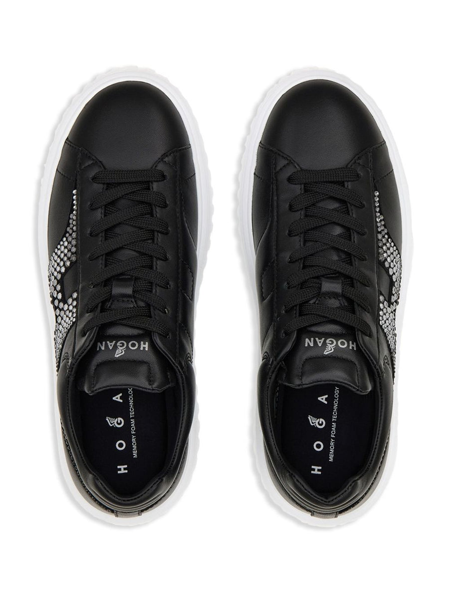 Hogan H Stripes Leather Sneakers for Women Urban Premium Black Leather Front Lace Up Flatform Sole