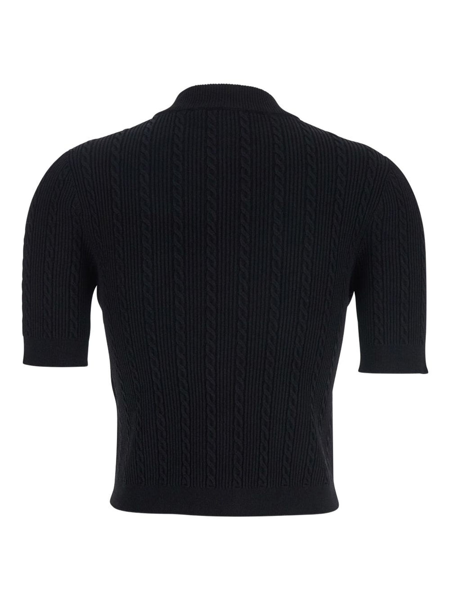 Balmain Black Short Sleeve Cable Knit Cardigan For Women With Button Front Crewneck Luxury Topwear