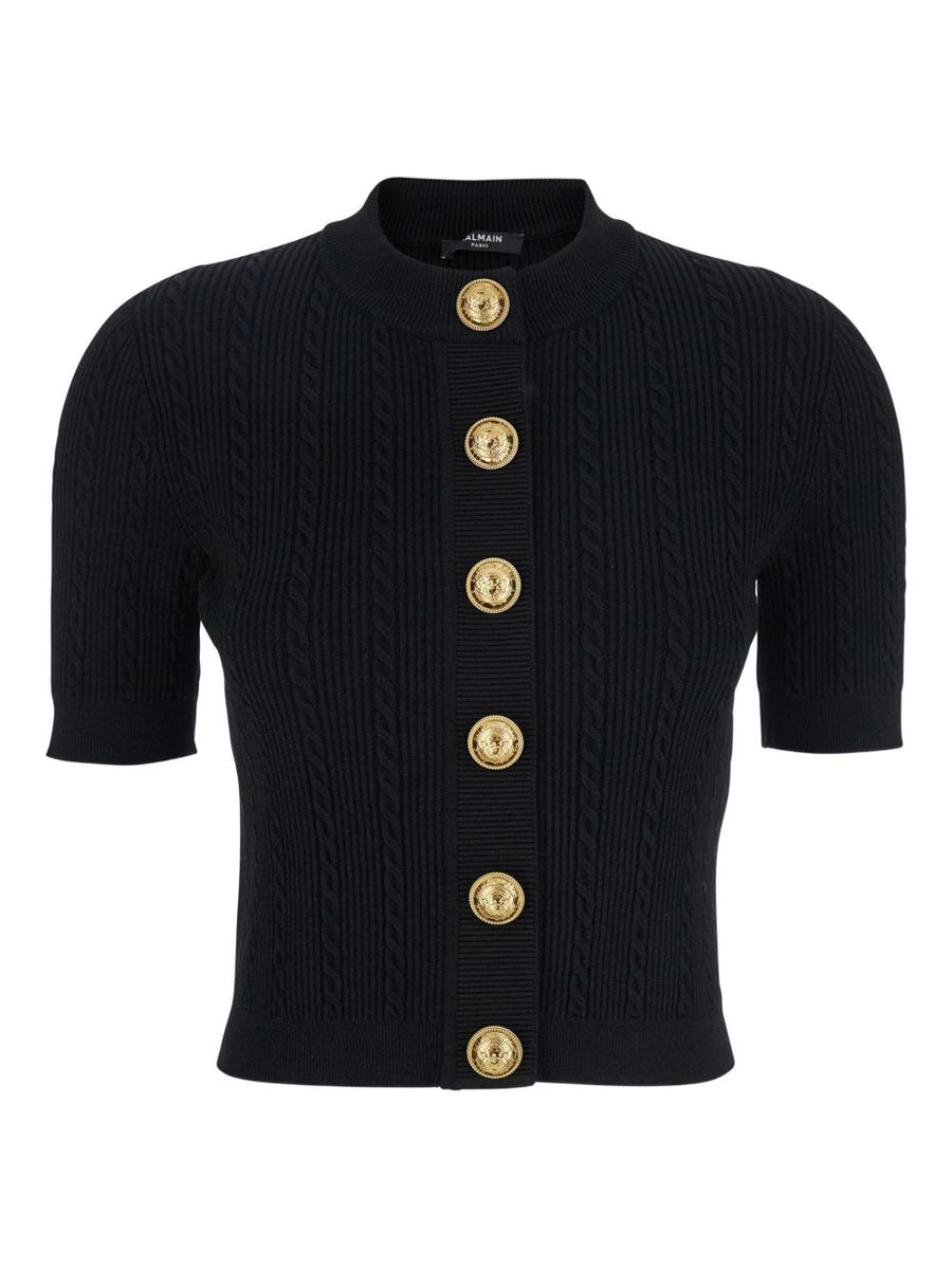 Balmain Black Short Sleeve Cable Knit Cardigan For Women With Button Front Crewneck Luxury Topwear