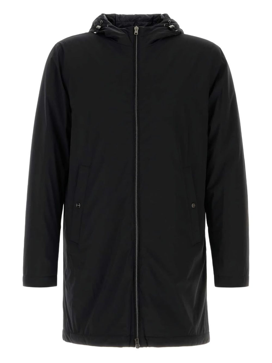 Herno Midi Parka Coat For Men Black With Adjustable Hood And Zip Closure For City Living Fall Winter 2025
