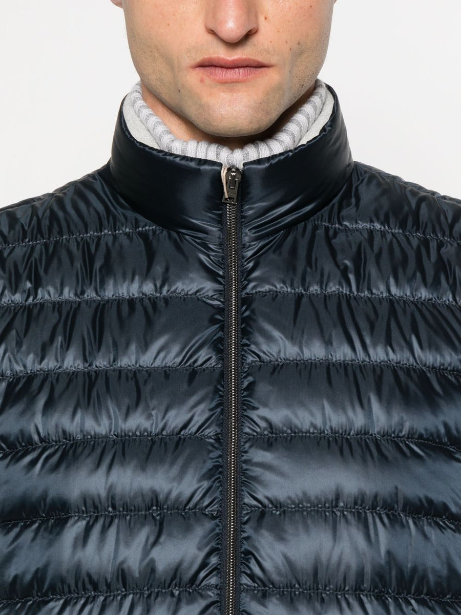 Herno Nylon Down Vest for Men Premium Lightweight Warmth Navy Quilted Sleeveless With Stand Collar