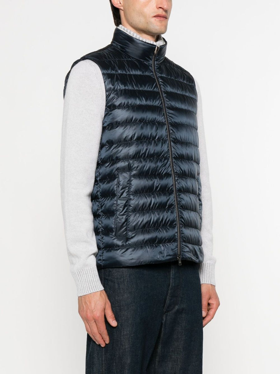 Herno Nylon Down Vest for Men Premium Lightweight Warmth Navy Quilted Sleeveless With Stand Collar