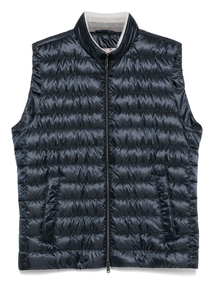 Herno Nylon Down Vest for Men Premium Lightweight Warmth Navy Quilted Sleeveless With Stand Collar