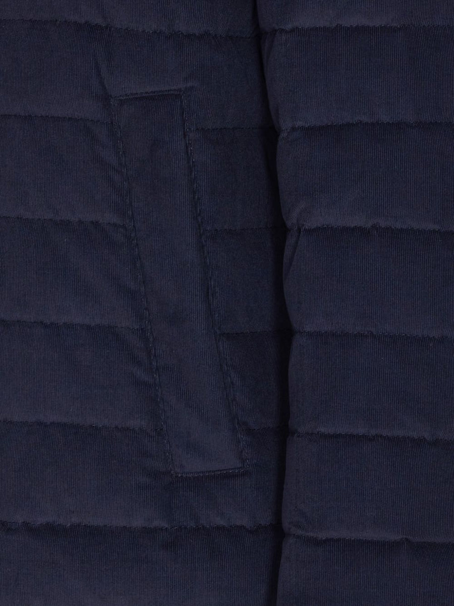 Herno Short Down Jacket for Men Corduroy Navy with Two Way Zip and Quilted Warmth