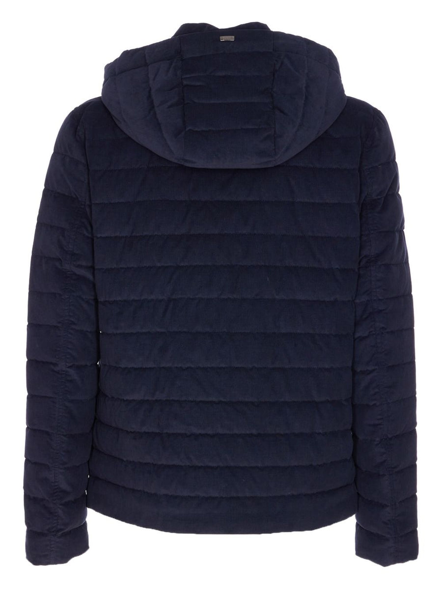 Herno Short Down Jacket for Men Corduroy Navy with Two Way Zip and Quilted Warmth