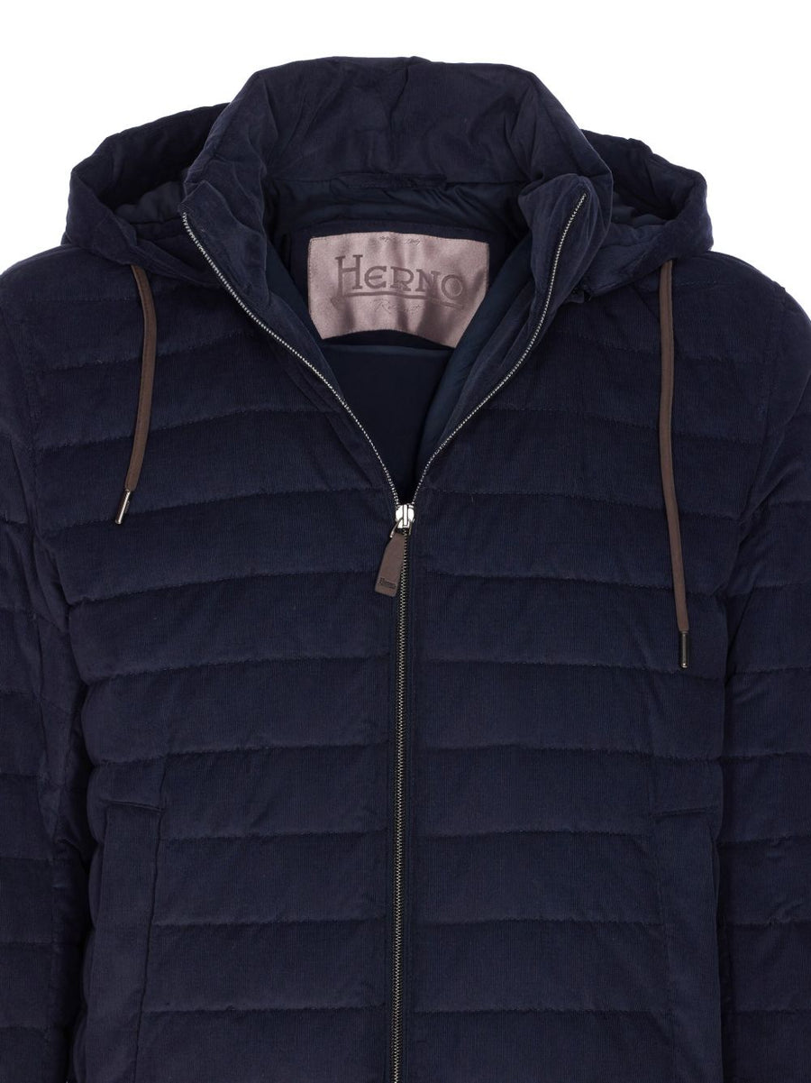 Herno Short Down Jacket for Men Corduroy Navy with Two Way Zip and Quilted Warmth