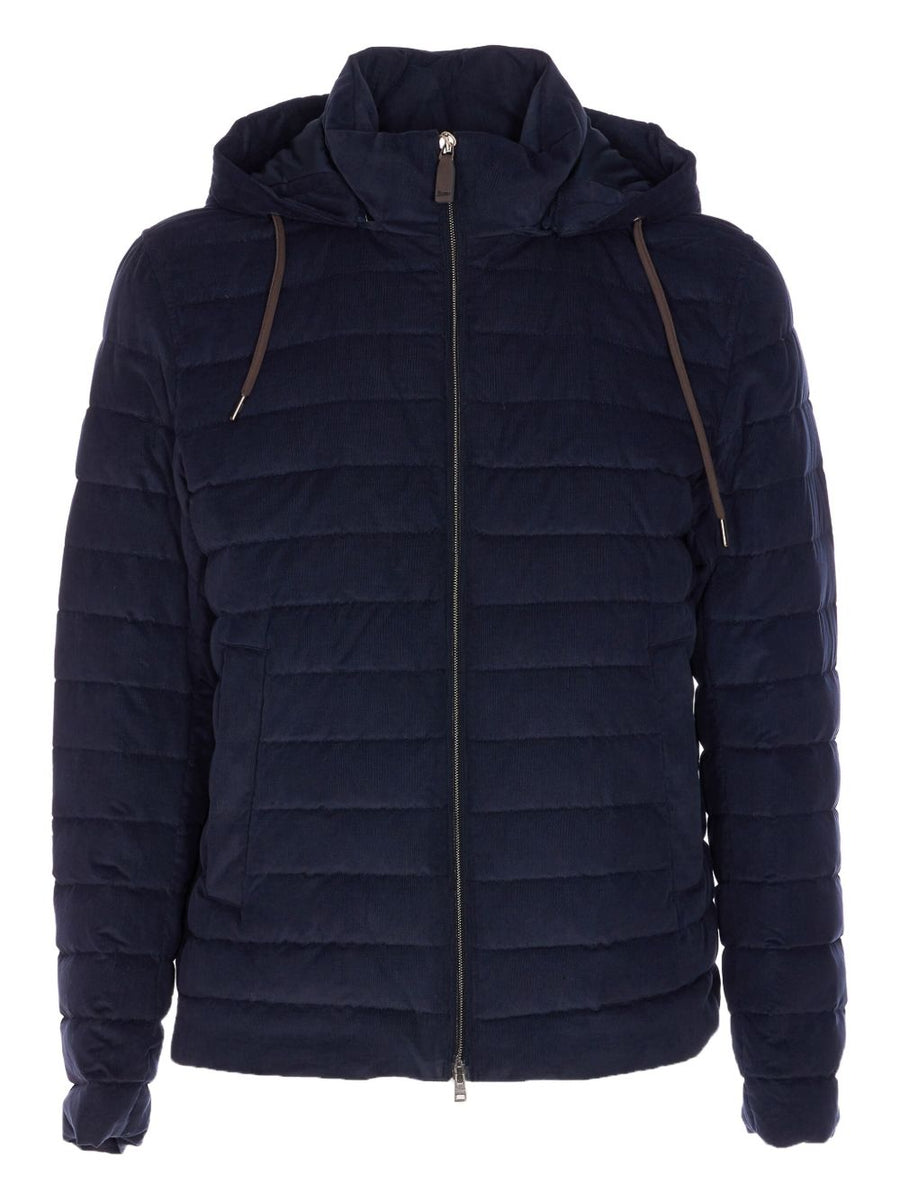 Herno Short Down Jacket for Men Corduroy Navy with Two Way Zip and Quilted Warmth