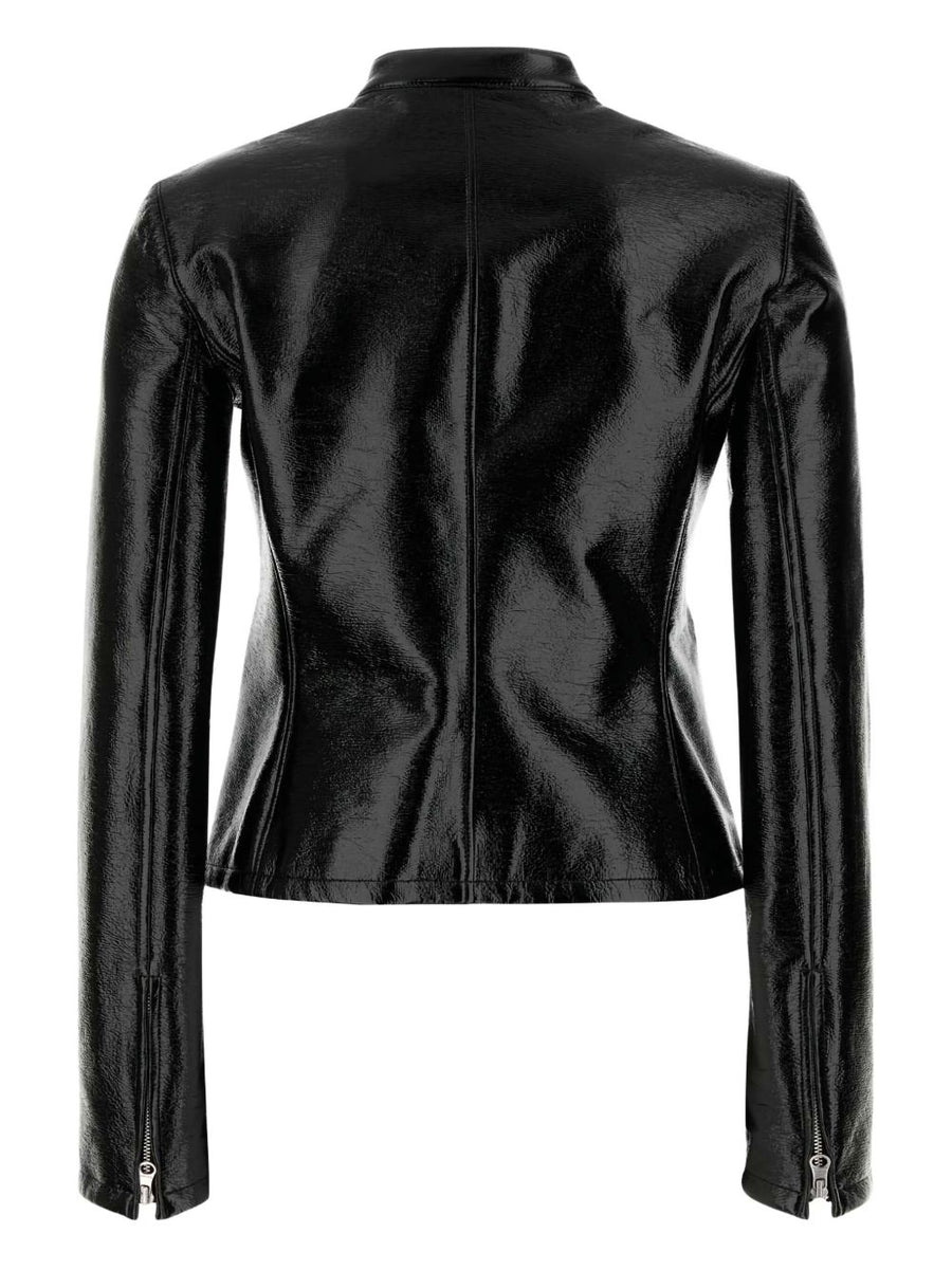 Courrèges Vinyl Biker Jacket For Women Bold Glossy Front Zip Citywear Luxurious Cotton Blend