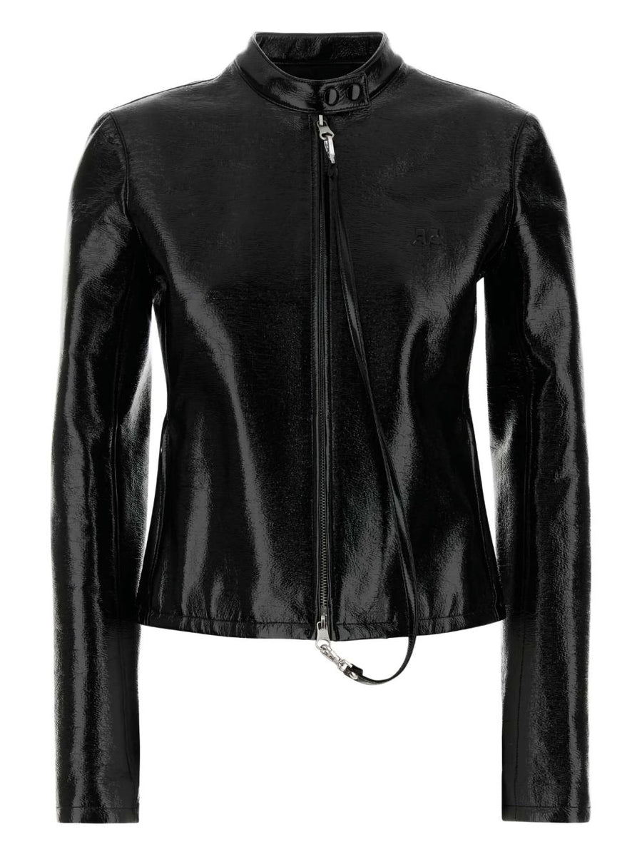 Courrèges Vinyl Biker Jacket For Women Bold Glossy Front Zip Citywear Luxurious Cotton Blend