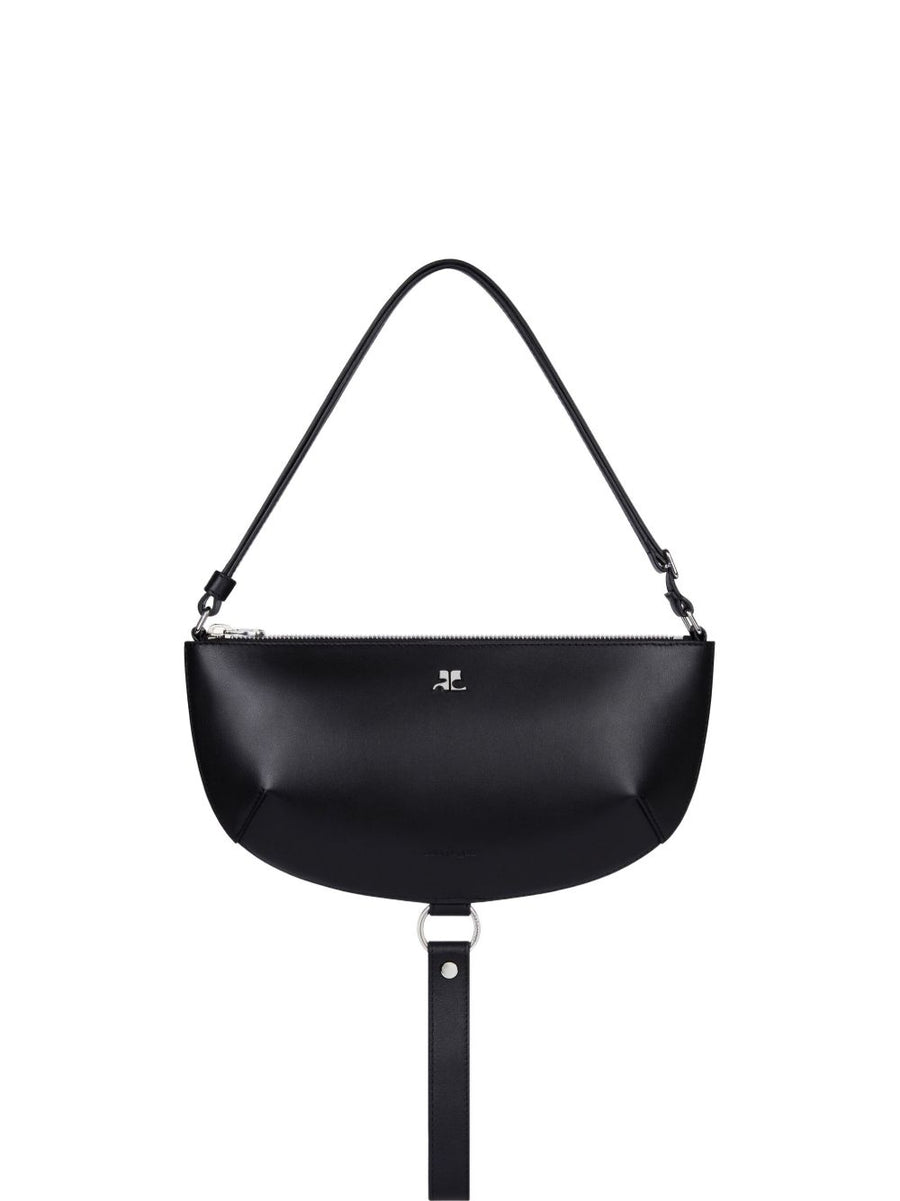 Courrèges Half Moon Leather Shoulder Bag For Women Black Calfskin With Adjustable Strap And Zip Closure