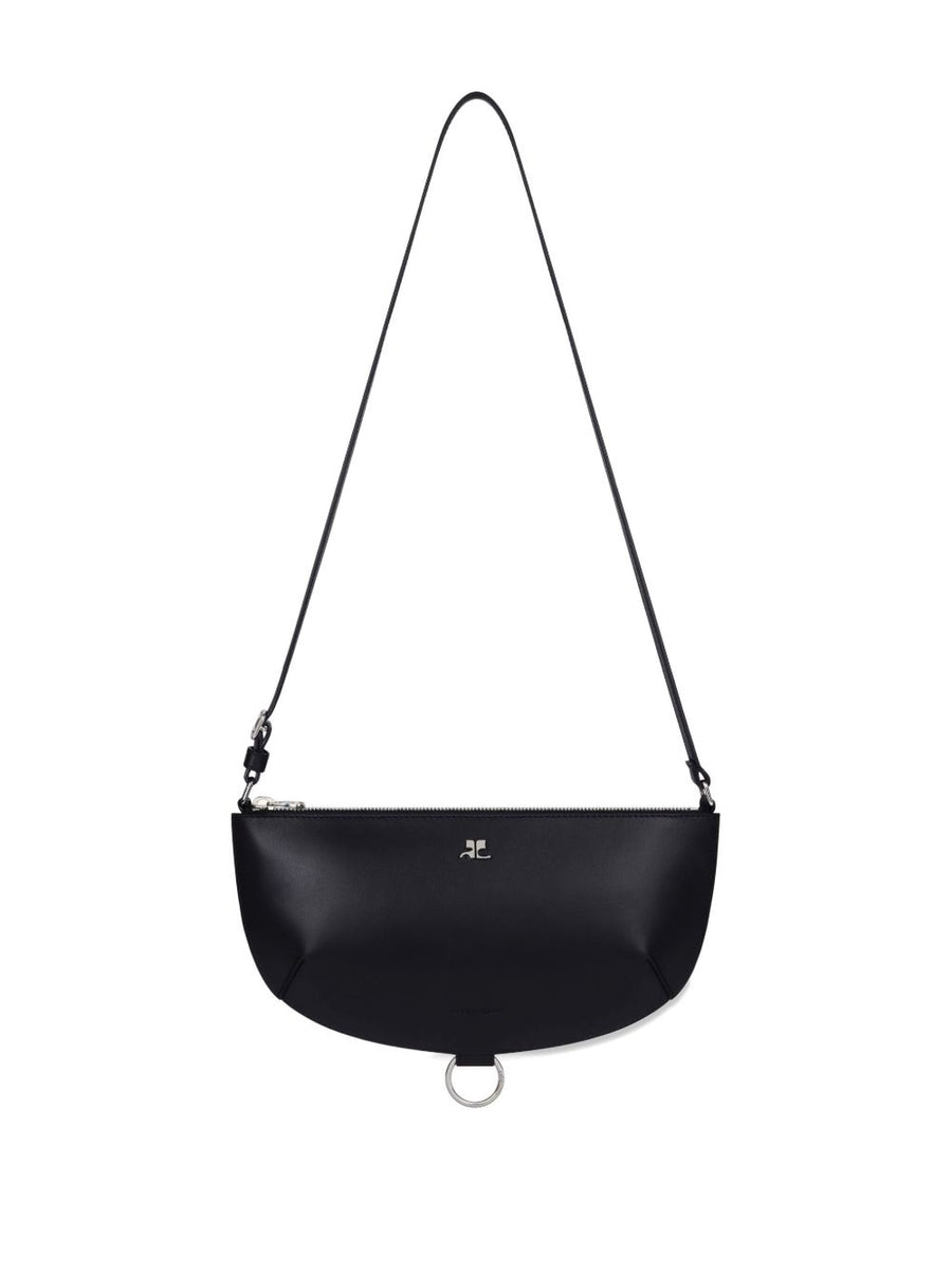 Courrèges Half Moon Leather Shoulder Bag For Women Black Calfskin With Adjustable Strap And Zip Closure