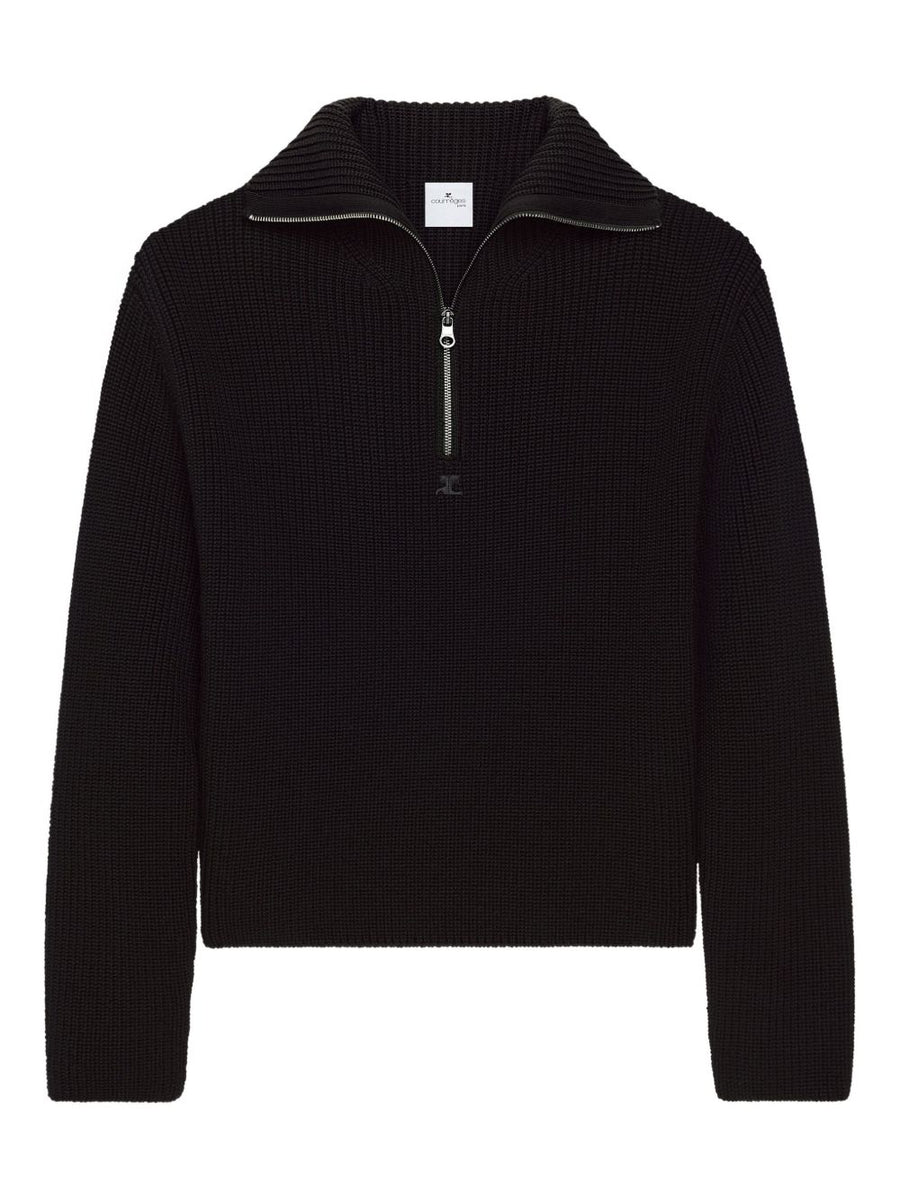 Courrèges Merino Wool Half Zip Sweater for Women Luxurious High Collar Ribbed Knit for Everyday Wear