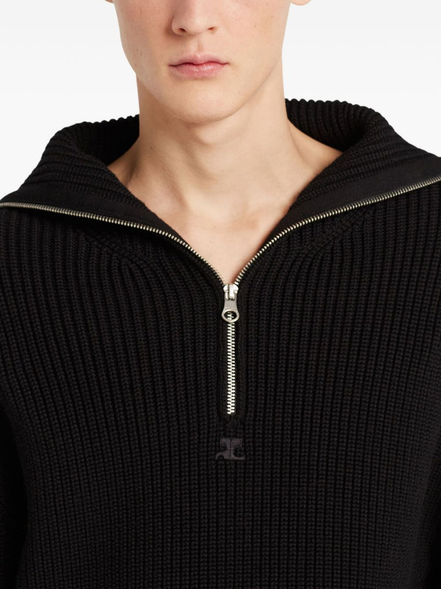 Courrèges Merino Wool Half Zip Sweater for Women Luxurious High Collar Ribbed Knit for Everyday Wear