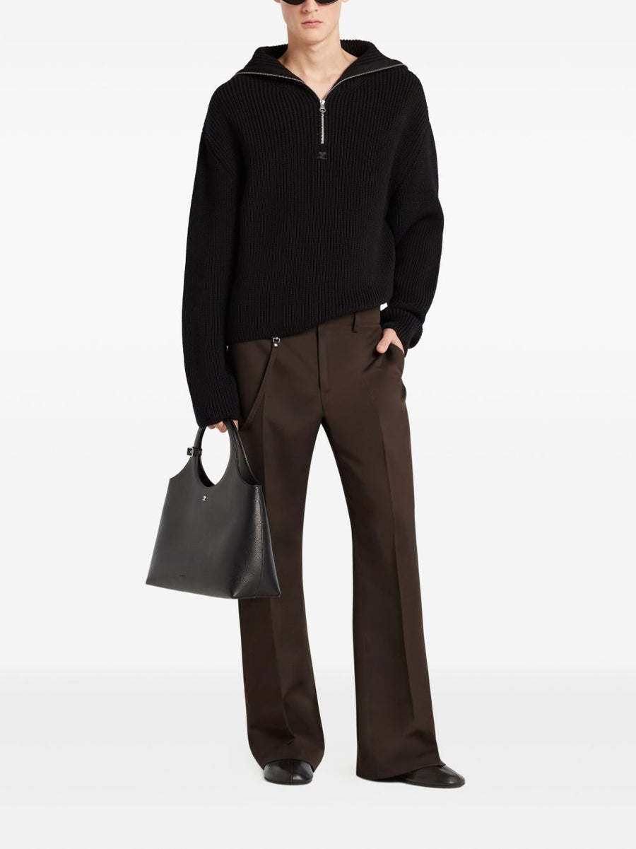 Courrèges Merino Wool Half Zip Sweater for Women Luxurious High Collar Ribbed Knit for Everyday Wear