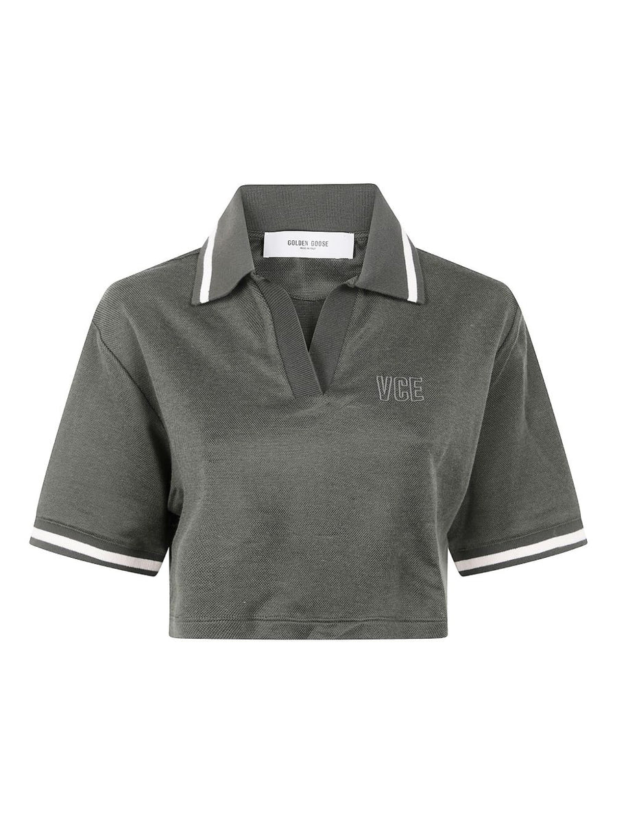 Golden Goose Women Cropped Polo Shirt Green With Tipped Collar For Versatile Luxe