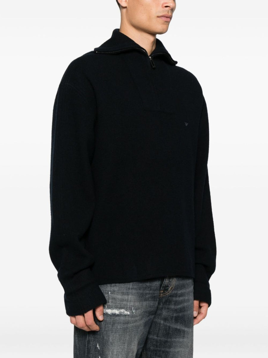 Emporio Armani Half Zip Wool Sweater For Men Navy Virgin Wool Breathable Warmth And Versatility